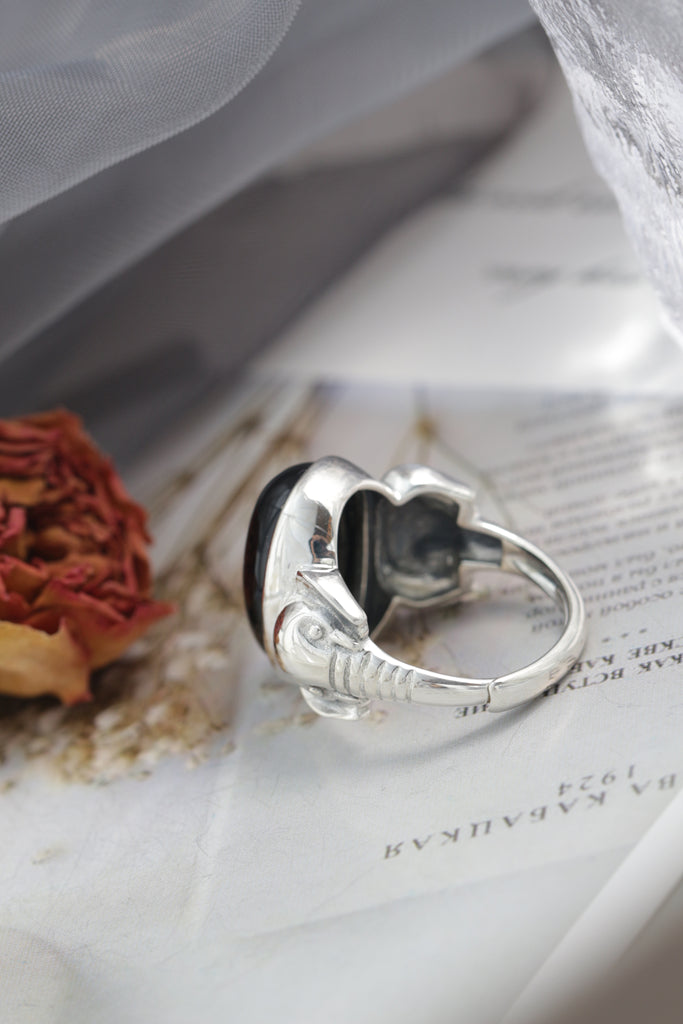 Authentic 925 Sterling Silver Ring Inlaid Natural Black Agate Elephant Motifs Rings Elegant and Dignified Trendy Jewelry Gift