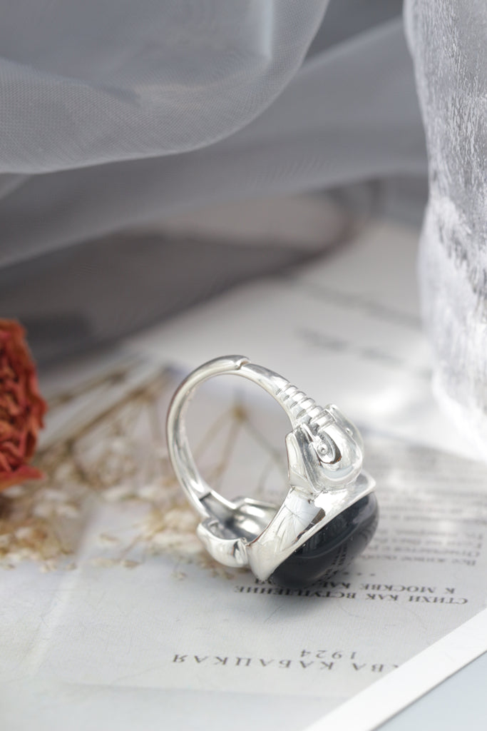 Authentic 925 Sterling Silver Ring Inlaid Natural Black Agate Elephant Motifs Rings Elegant and Dignified Trendy Jewelry Gift