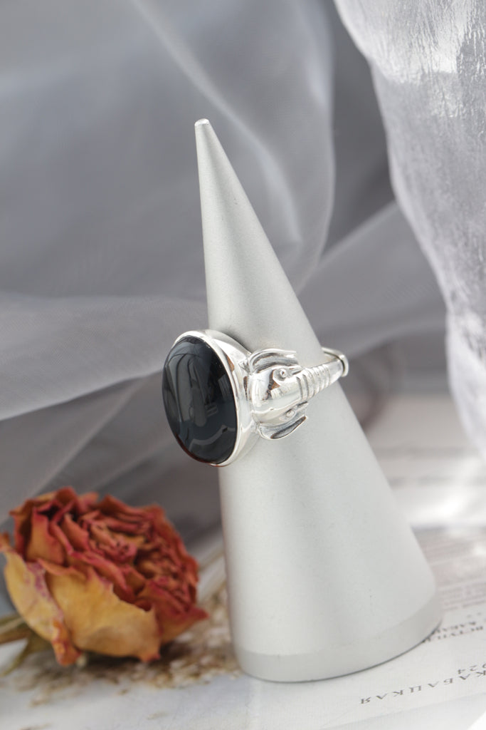 Authentic 925 Sterling Silver Ring Inlaid Natural Black Agate Elephant Motifs Rings Elegant and Dignified Trendy Jewelry Gift