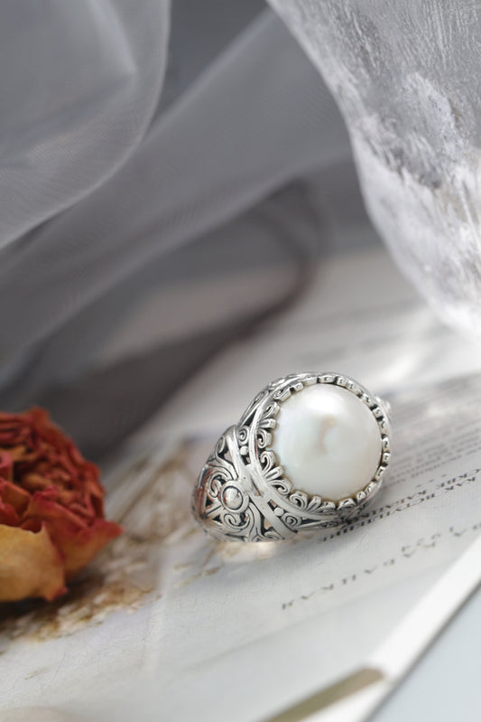 Inlaid Natural Mabe Pearl Adjustable Rings Trendy Combines Vintage Elements with Design 925 Sterling Silver Rings Jewelry Gift