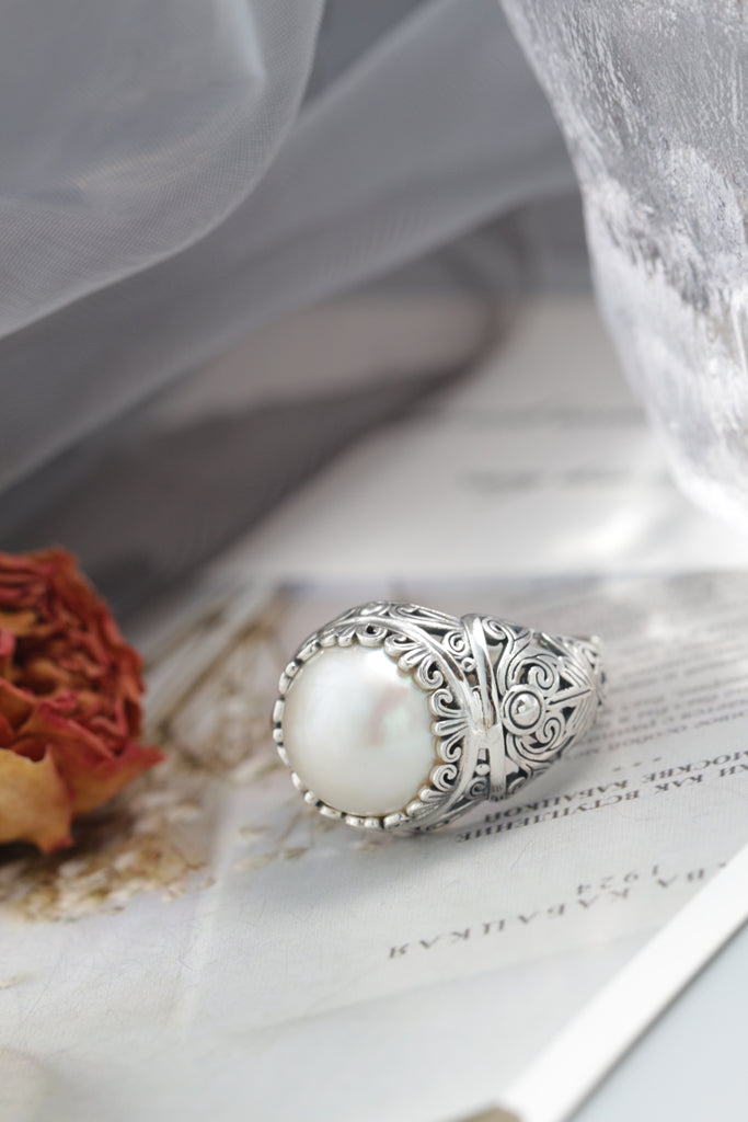 Inlaid Natural Mabe Pearl Adjustable Rings Trendy Combines Vintage Elements with Design 925 Sterling Silver Rings Jewelry Gift