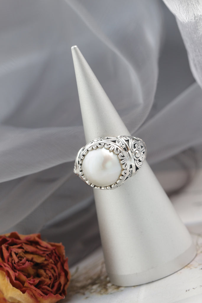 Inlaid Natural Mabe Pearl Adjustable Rings Trendy Combines Vintage Elements with Design 925 Sterling Silver Rings Jewelry Gift