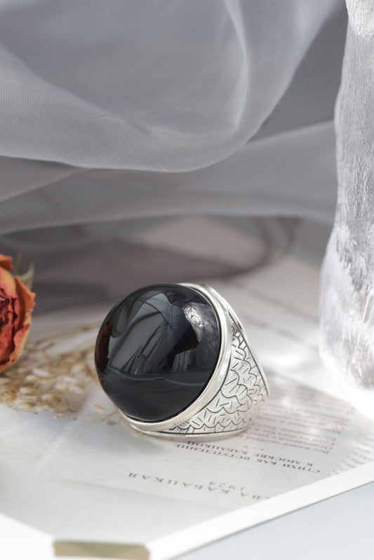 Nostalgia Antique Patterns 925 Sterling Silver Ring Inlaid Natural Black Agate Rings Grandeur Individuality Trendy Jewelry Gift