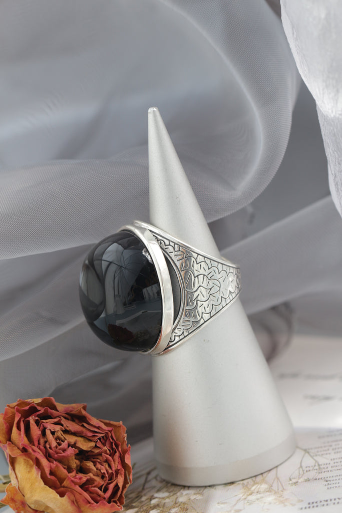 Nostalgia Antique Patterns 925 Sterling Silver Ring Inlaid Natural Black Agate Rings Grandeur Individuality Trendy Jewelry Gift