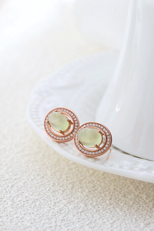 Inlaid Natural Prehnite Rose Gold Plated Earring Elegant Oval Shape 925 Sterling Silver Earring Fashion Women Party Fine Jewelry