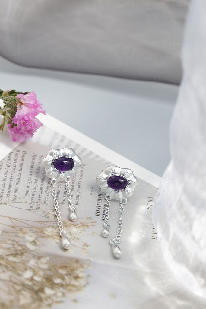 Classic Elegant 925 Sterling Silver Earring Inlaid Natural Amethyst Flower Tassel Earrings Women Delicate Jewelry Gift