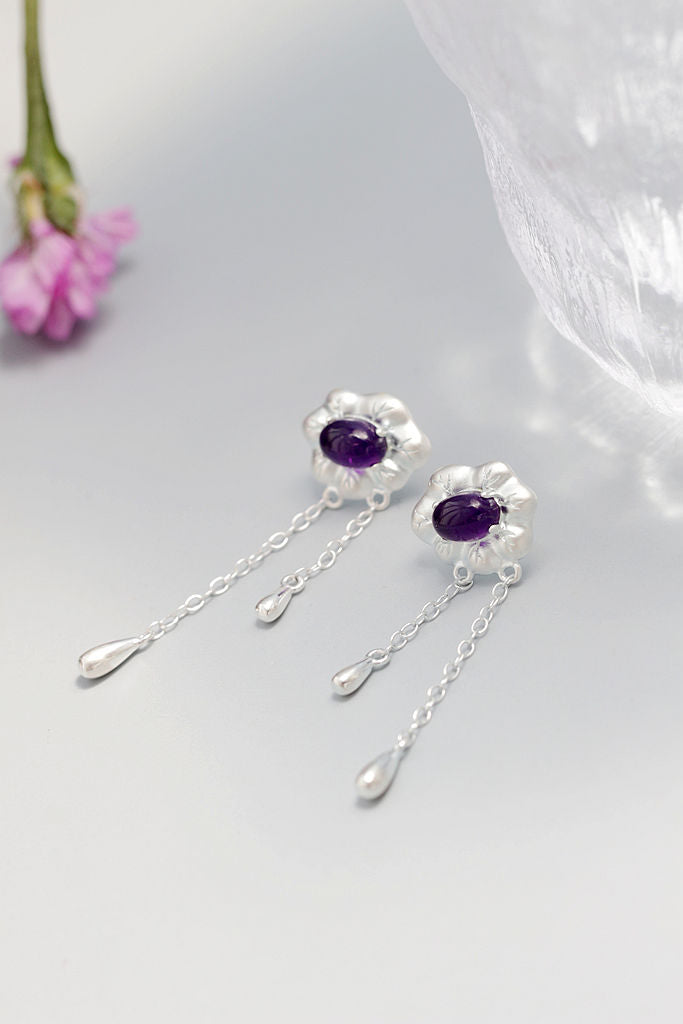 Classic Elegant 925 Sterling Silver Earring Inlaid Natural Amethyst Flower Tassel Earrings Women Delicate Jewelry Gift