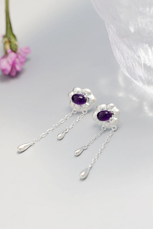 Classic Elegant 925 Sterling Silver Earring Inlaid Natural Amethyst Flower Tassel Earrings Women Delicate Jewelry Gift