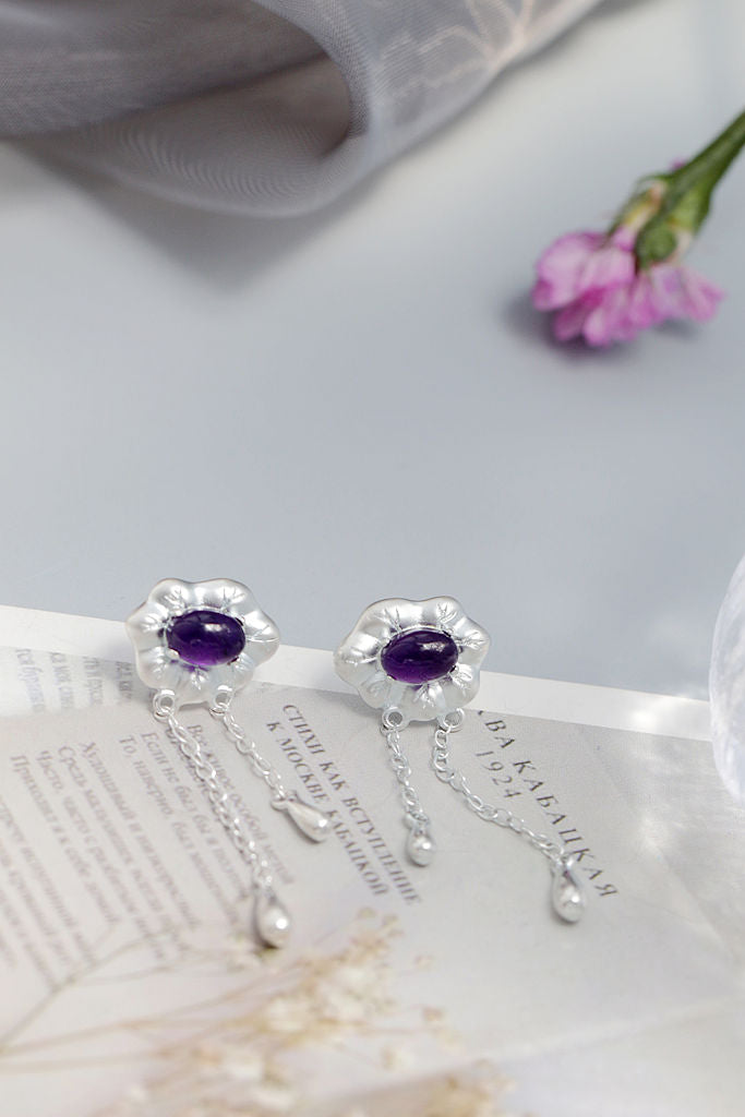 Classic Elegant 925 Sterling Silver Earring Inlaid Natural Amethyst Flower Tassel Earrings Women Delicate Jewelry Gift