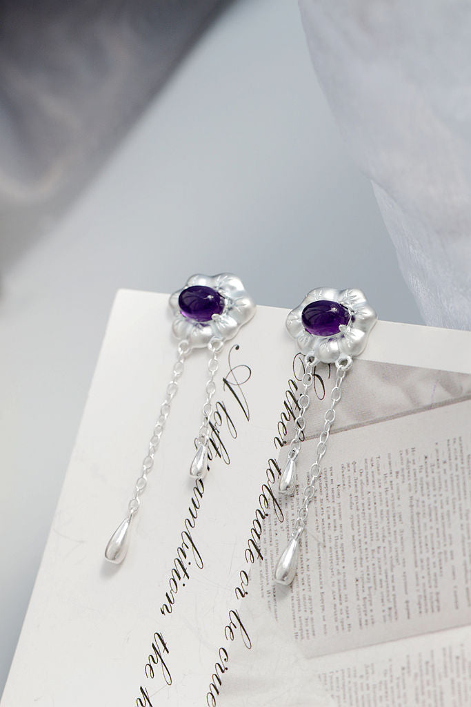Classic Elegant 925 Sterling Silver Earring Inlaid Natural Amethyst Flower Tassel Earrings Women Delicate Jewelry Gift