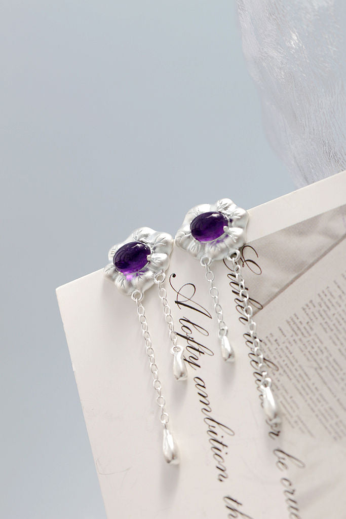 Classic Elegant 925 Sterling Silver Earring Inlaid Natural Amethyst Flower Tassel Earrings Women Delicate Jewelry Gift