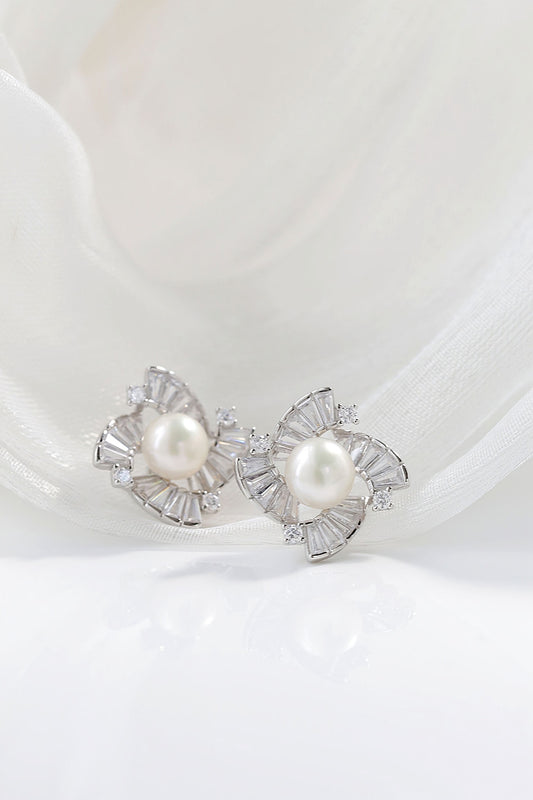 Inlaid Natural Freshwater Pearl 925 Sterling Silver Earstuds Fashion Rhinestone Lady Earrings