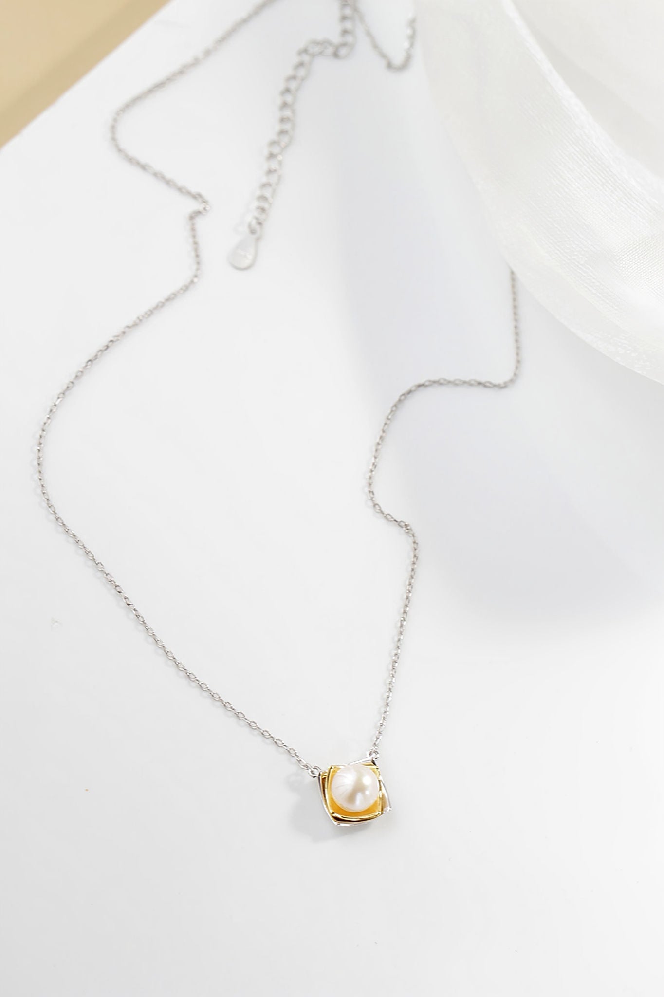 925 Sterling Silver Pendant Inlaid Natural Freshwater Pearl Square layered Pendant Women Silver Necklace