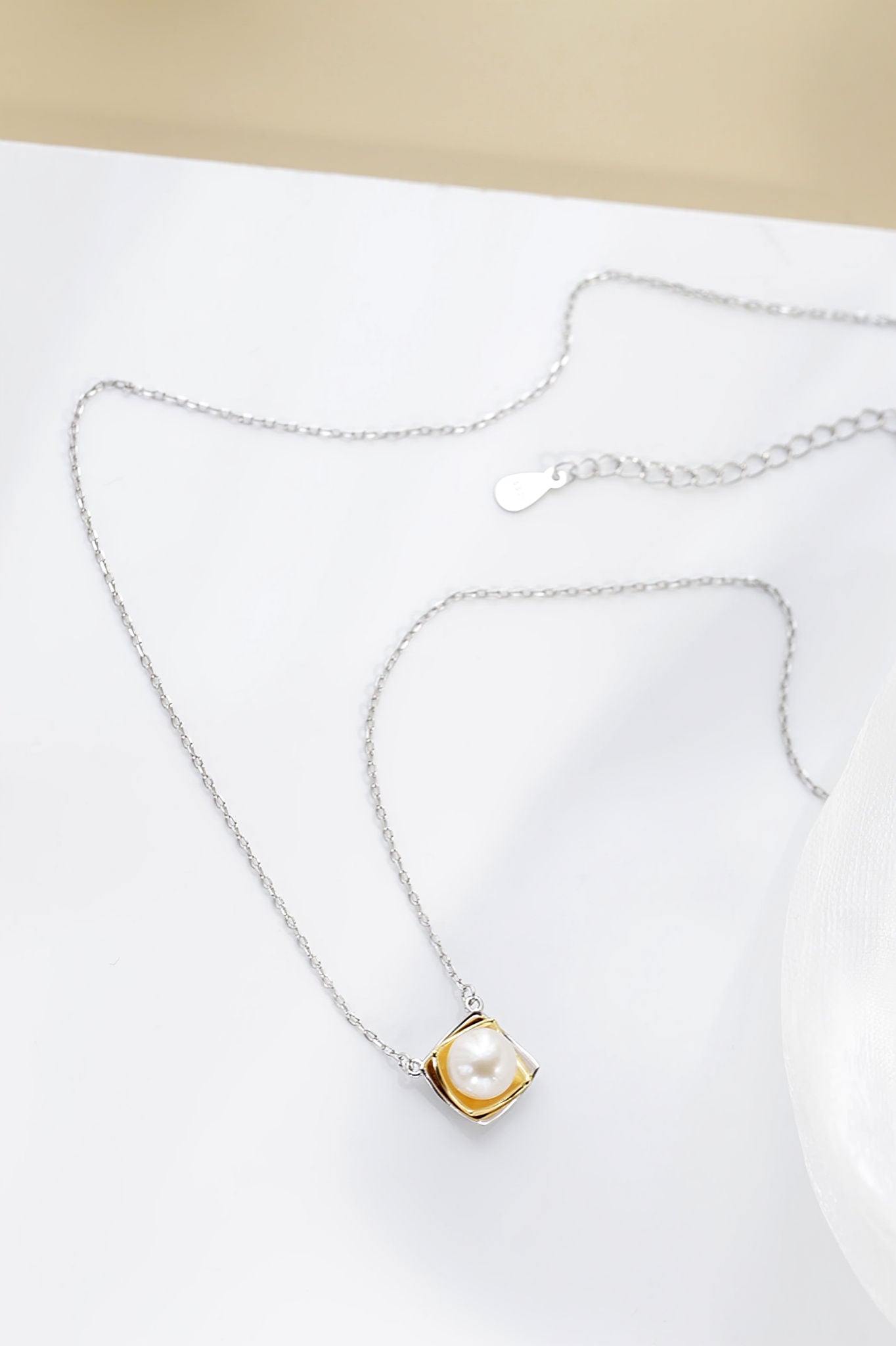 925 Sterling Silver Pendant Inlaid Natural Freshwater Pearl Square layered Pendant Women Silver Necklace