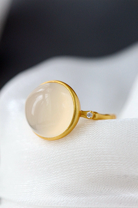 Authentic 925 Sterling Silver Ring Bamboo Joint Shaped Design Inlaid Natural White Chalcedony 18k Antique Gold Openended Ring