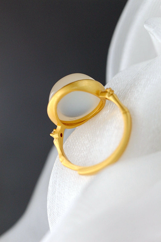 Authentic 925 Sterling Silver Ring Bamboo Joint Shaped Design Inlaid Natural White Chalcedony 18k Antique Gold Openended Ring