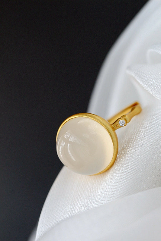Authentic 925 Sterling Silver Ring Bamboo Joint Shaped Design Inlaid Natural White Chalcedony 18k Antique Gold Openended Ring
