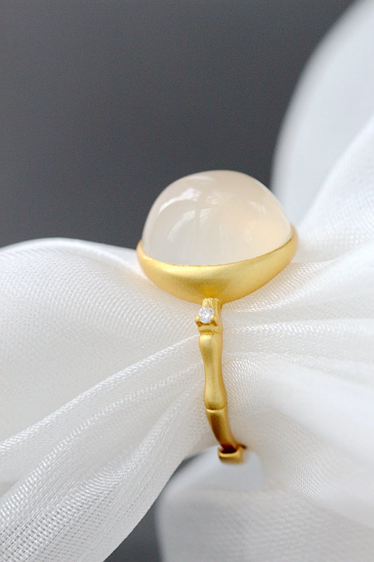Authentic 925 Sterling Silver Ring Bamboo Joint Shaped Design Inlaid Natural White Chalcedony 18k Antique Gold Openended Ring