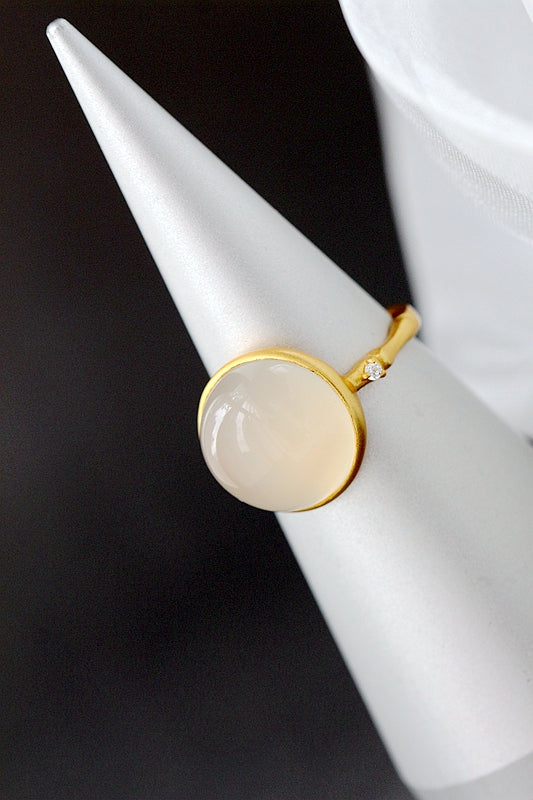 Authentic 925 Sterling Silver Ring Bamboo Joint Shaped Design Inlaid Natural White Chalcedony 18k Antique Gold Openended Ring