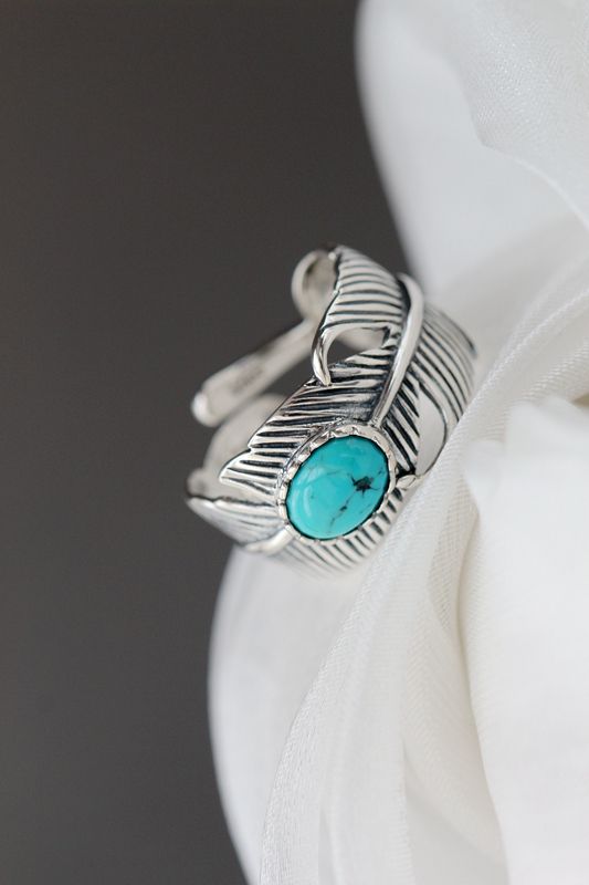 925 Sterling Silver Rings Feather Inlaid Natural Turquoise Fashion Jewelry Gifts Adjustable Size Retro Women Open Ring