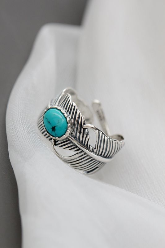 925 Sterling Silver Rings Feather Inlaid Natural Turquoise Fashion Jewelry Gifts Adjustable Size Retro Women Open Ring