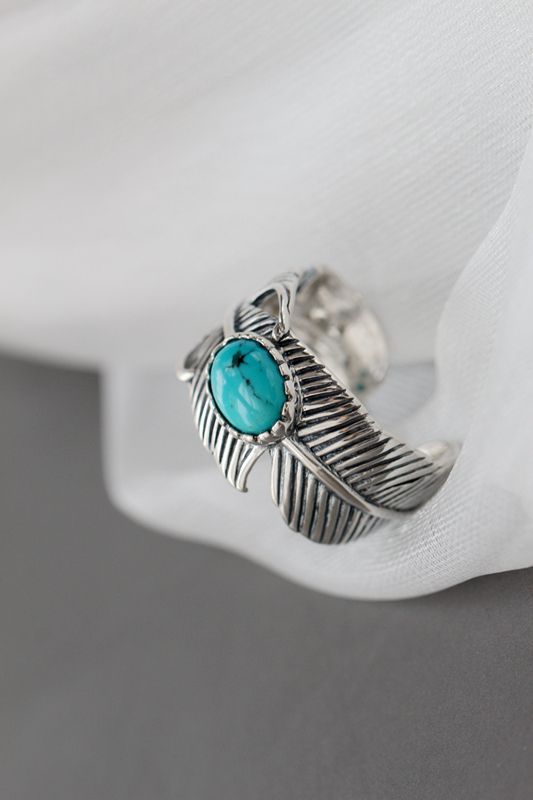 925 Sterling Silver Rings Feather Inlaid Natural Turquoise Fashion Jewelry Gifts Adjustable Size Retro Women Open Ring