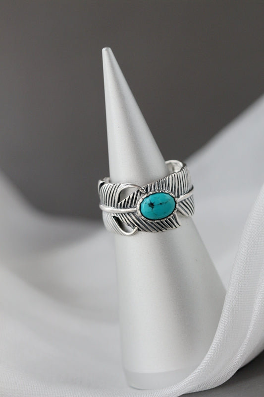 925 Sterling Silver Rings Feather Inlaid Natural Turquoise Fashion Jewelry Gifts Adjustable Size Retro Women Open Ring