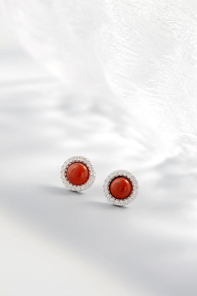 Classic Stylish Round 925 Sterling Silver Earring Simple Yet Elegant Natural South Red Agate Earring Small And Delicate Jewelry