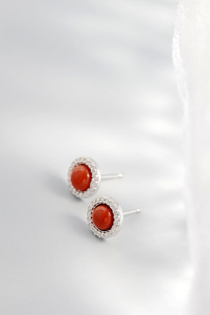 Classic Stylish Round 925 Sterling Silver Earring Simple Yet Elegant Natural South Red Agate Earring Small And Delicate Jewelry