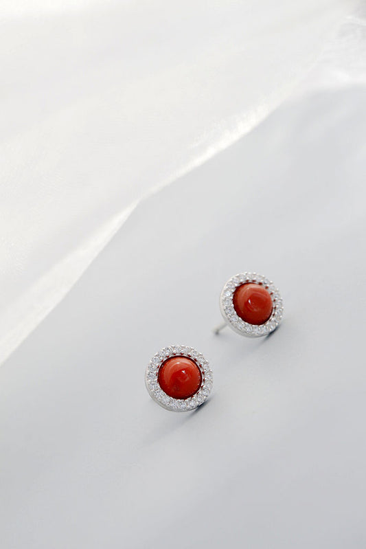 Classic Stylish Round 925 Sterling Silver Earring Simple Yet Elegant Natural South Red Agate Earring Small And Delicate Jewelry