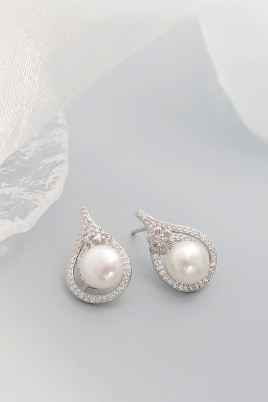 Authentic 925 Sterling Silver Earstuds Hollowed-Out Floral Pattern Inlaid Natural Freshwater Pearl Gentle Graceful Earring Gift
