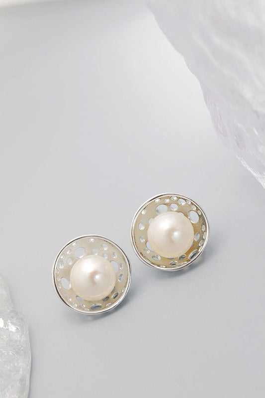 Authentic 925 Sterling Silver Earstuds Inlaid Natural Freshwater Pearl Gentle Graceful Circular Shape Earring Jewelry Gift