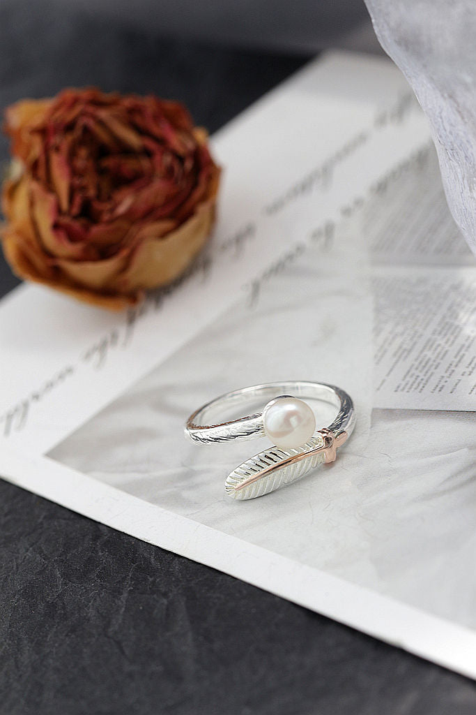 Elegant Beautiful Feather 925 Sterling Silver Ring Inlaid Natural Freshwater Pearl Opening Rings Women Fashion Jewelry Gifts