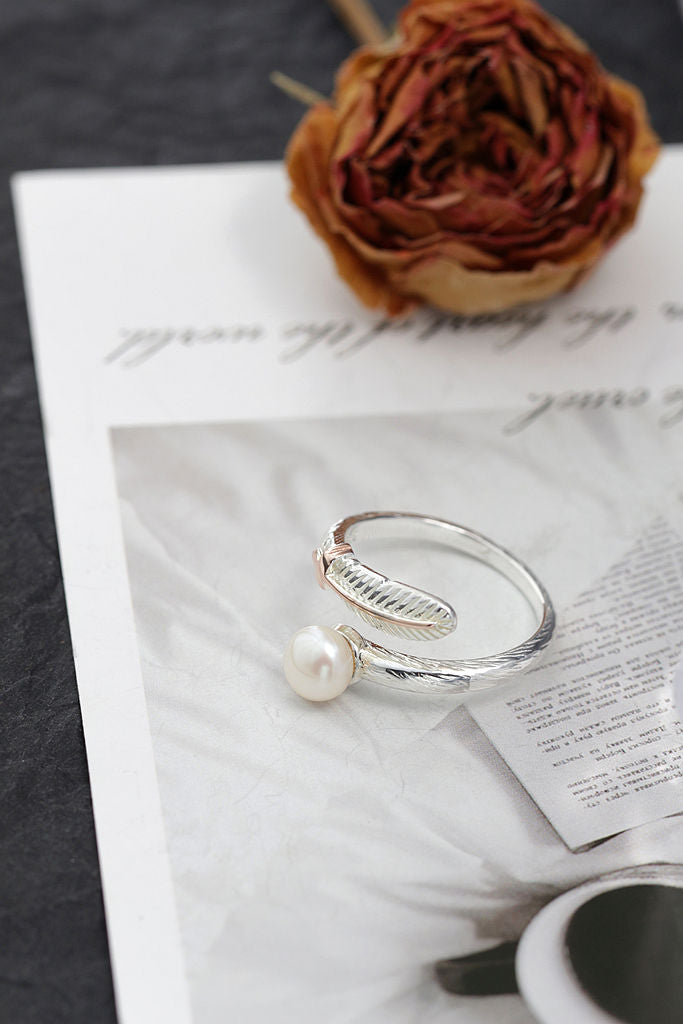 Elegant Beautiful Feather 925 Sterling Silver Ring Inlaid Natural Freshwater Pearl Opening Rings Women Fashion Jewelry Gifts
