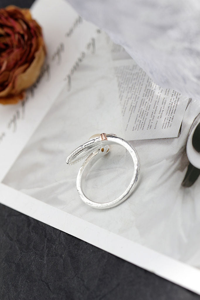Elegant Beautiful Feather 925 Sterling Silver Ring Inlaid Natural Freshwater Pearl Opening Rings Women Fashion Jewelry Gifts