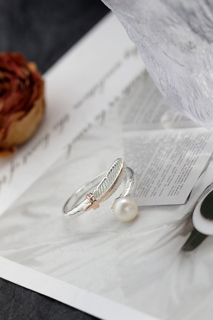 Elegant Beautiful Feather 925 Sterling Silver Ring Inlaid Natural Freshwater Pearl Opening Rings Women Fashion Jewelry Gifts