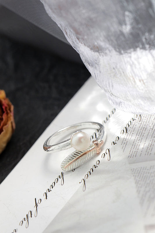 Elegant Beautiful Feather 925 Sterling Silver Ring Inlaid Natural Freshwater Pearl Opening Rings Women Fashion Jewelry Gifts