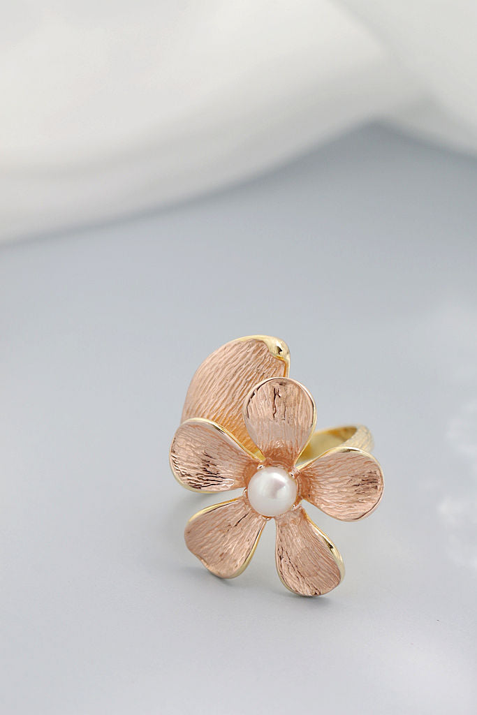 Authentic 925 Sterling Silver Rings Inlaid Natural Freshwater Pearl 18K Gold Plated Petal Fashion Women Opening Adjustable Ring