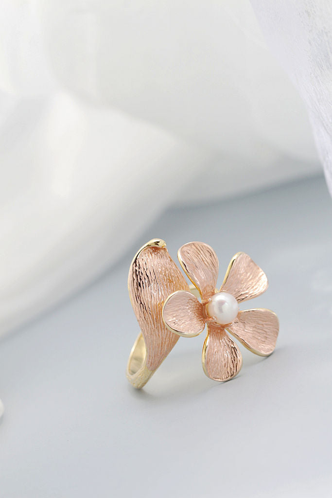 Authentic 925 Sterling Silver Rings Inlaid Natural Freshwater Pearl 18K Gold Plated Petal Fashion Women Opening Adjustable Ring