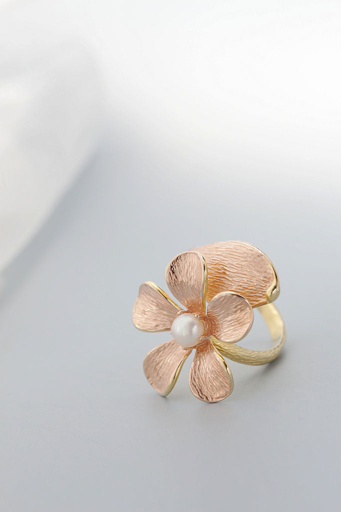 Authentic 925 Sterling Silver Rings Inlaid Natural Freshwater Pearl 18K Gold Plated Petal Fashion Women Opening Adjustable Ring