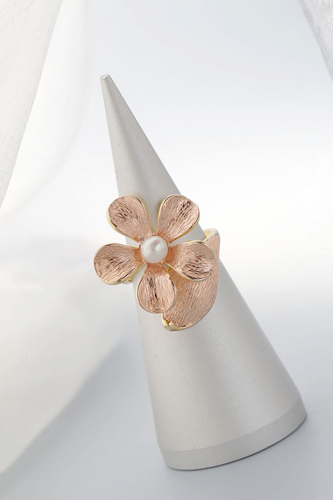 Authentic 925 Sterling Silver Rings Inlaid Natural Freshwater Pearl 18K Gold Plated Petal Fashion Women Opening Adjustable Ring