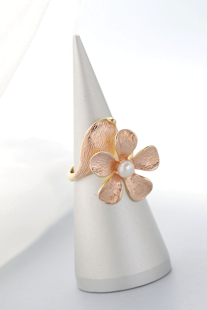 Authentic 925 Sterling Silver Rings Inlaid Natural Freshwater Pearl 18K Gold Plated Petal Fashion Women Opening Adjustable Ring