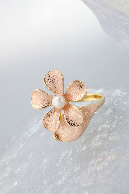 Authentic 925 Sterling Silver Rings Inlaid Natural Freshwater Pearl 18K Gold Plated Petal Fashion Women Opening Adjustable Ring