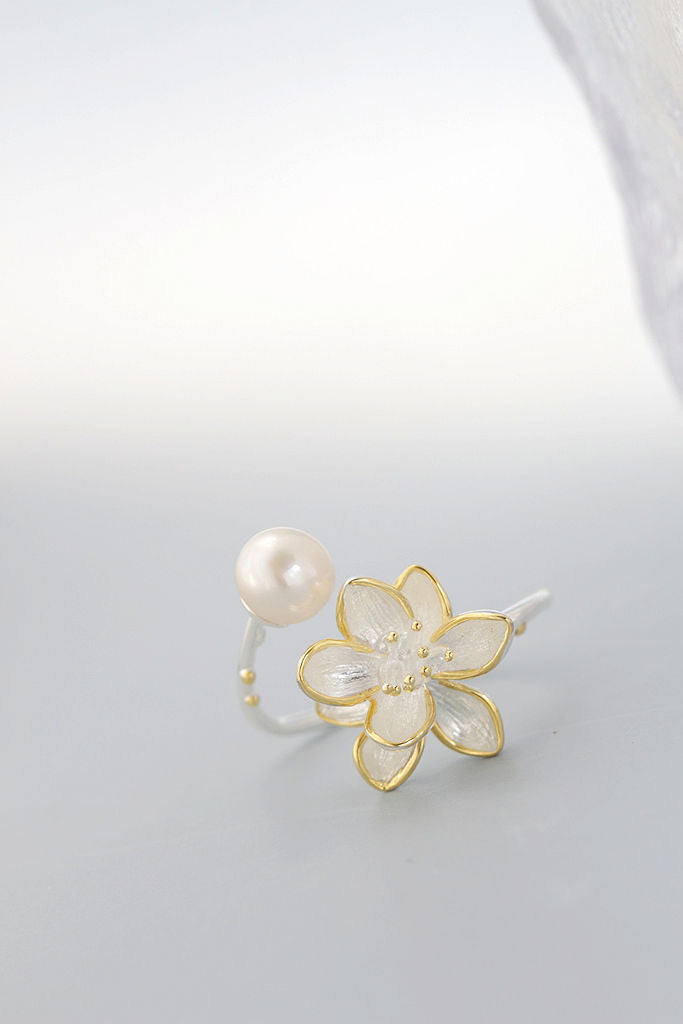 Authentic 925 Sterling Silver Beautiful Lotus Flower Rings Inlaid Natural Freshwater Pearl Ring Women Trendy Style Jewelry Gift