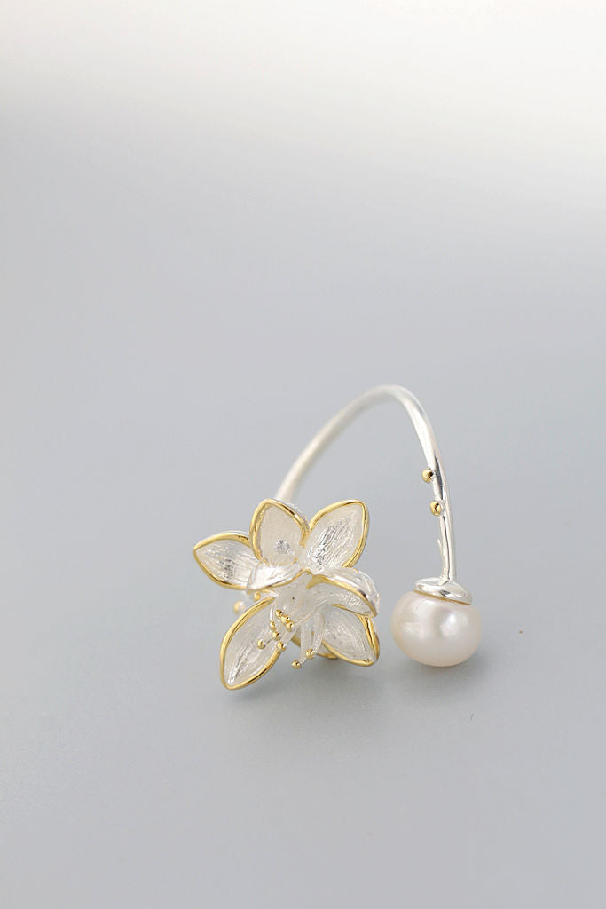 Authentic 925 Sterling Silver Beautiful Lotus Flower Rings Inlaid Natural Freshwater Pearl Ring Women Trendy Style Jewelry Gift