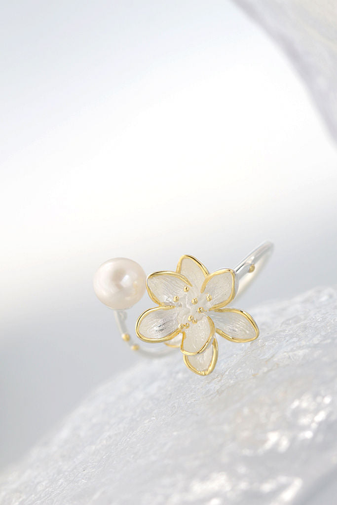 Authentic 925 Sterling Silver Beautiful Lotus Flower Rings Inlaid Natural Freshwater Pearl Ring Women Trendy Style Jewelry Gift