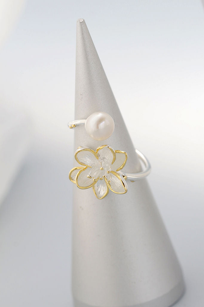 Authentic 925 Sterling Silver Beautiful Lotus Flower Rings Inlaid Natural Freshwater Pearl Ring Women Trendy Style Jewelry Gift