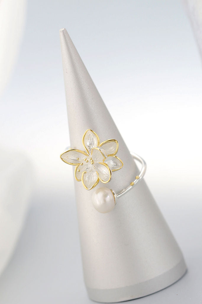 Authentic 925 Sterling Silver Beautiful Lotus Flower Rings Inlaid Natural Freshwater Pearl Ring Women Trendy Style Jewelry Gift