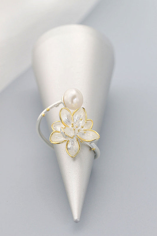 Authentic 925 Sterling Silver Beautiful Lotus Flower Rings Inlaid Natural Freshwater Pearl Ring Women Trendy Style Jewelry Gift