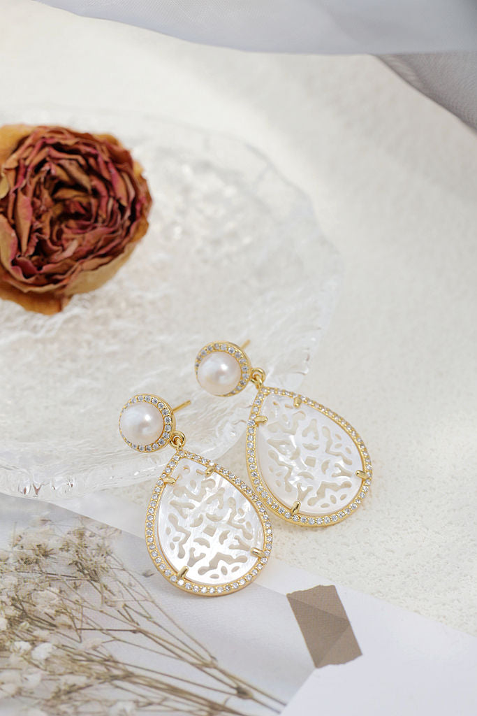 Inlaid Natural White Shell and Pearl 18K Gold Plated Earrings Carved Vintage Style Elegant Fashion 925 Sterling Silver Earring
